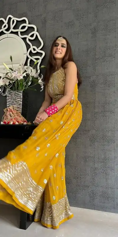 NSR 555 Yellow Jumpsuit : Heavy Faux Georgette Work : Heavy Embroidery With Sequin Work Flair : Each Leg 1.5 M Casual, Party @1699/- | Jump Suits, Salwar suit, Casual Suits, Creative suits, Designer Suits, Palazzo Suits, Party Wear Suits, Straight Suits