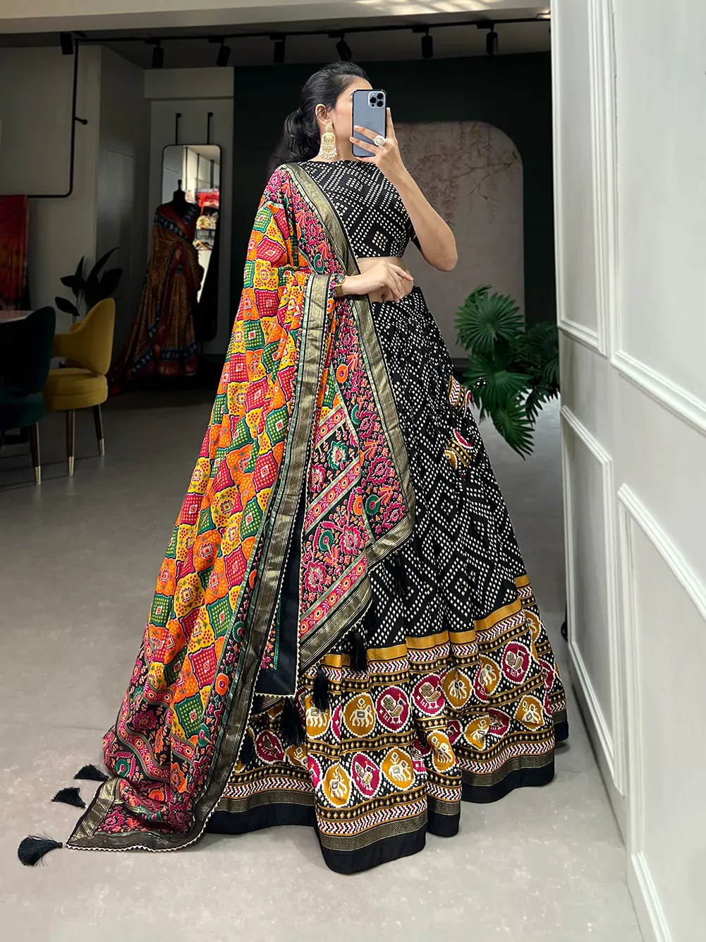 LNB1687 Black Color Lehenga : Tussar Silk Blouse : Patola Print Work : Foil Work Traditional Wear, Festive, Wedding, Events @2799/- | Lehenga, Bollywood Lehenga, Creative Lehenga, Designer Lehenga, Embroidered Lehenga, Party Wear Lehenga