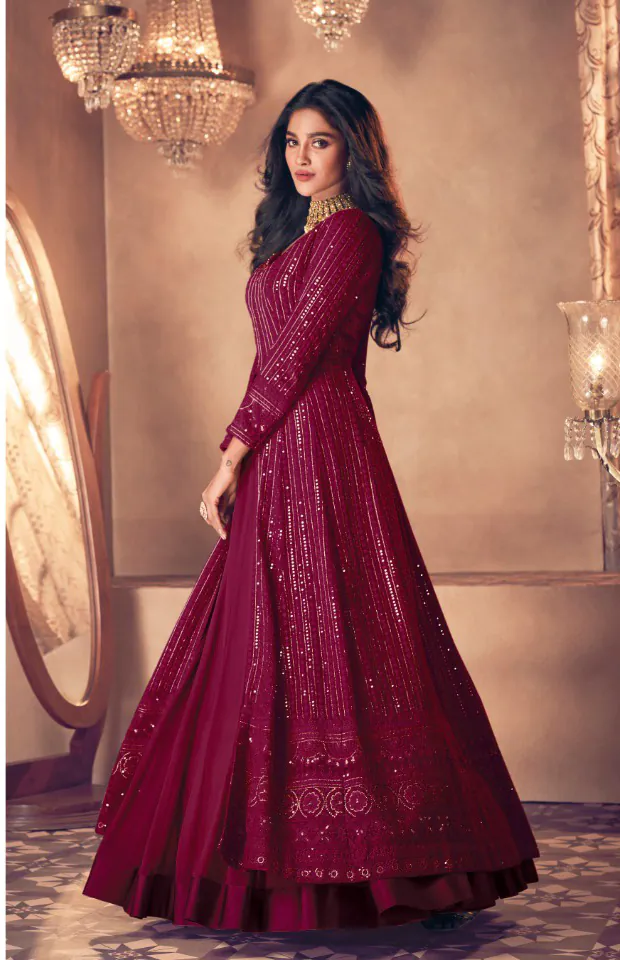 Glamorous Red Color Heavy Georgette with Santoon And Embroidery Designer Work Suit
