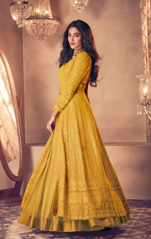 Glamorous Yellow Color Heavy Georgette with Santoon And Embroidery Designer Work Suit