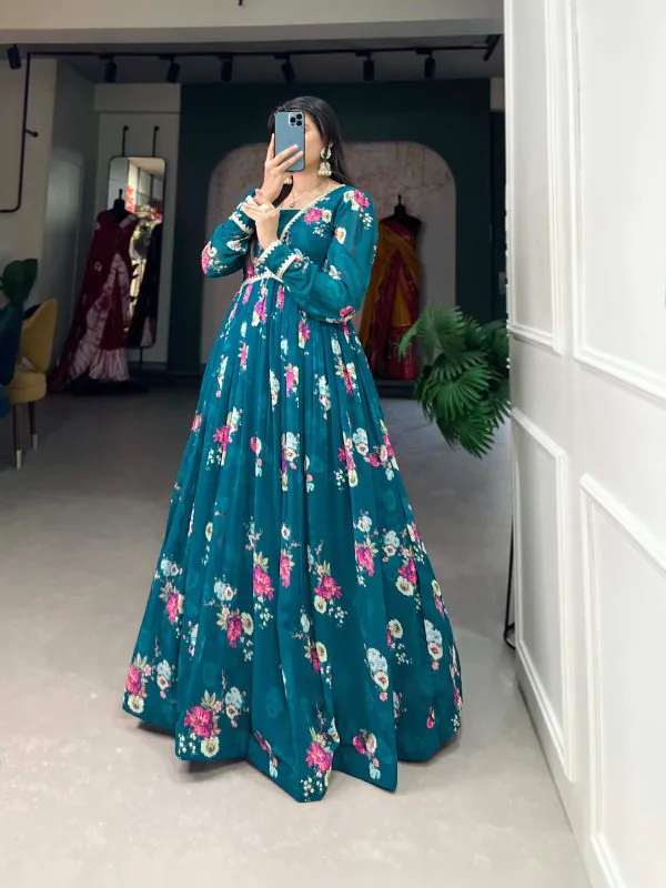 Pine Green Floral Georgette Printed Gown - Image 3