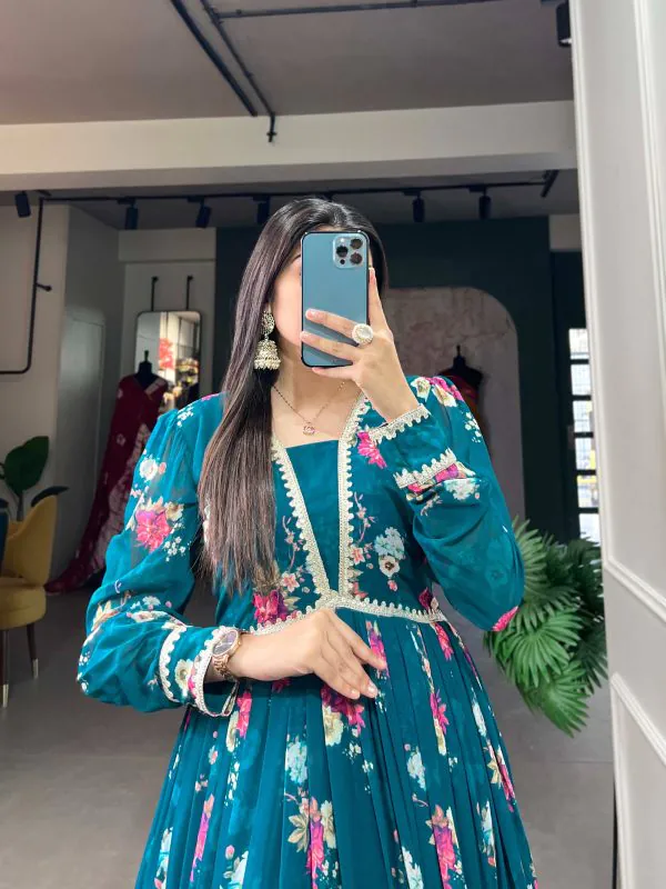 Pine Green Floral Georgette Printed Gown - Image 2