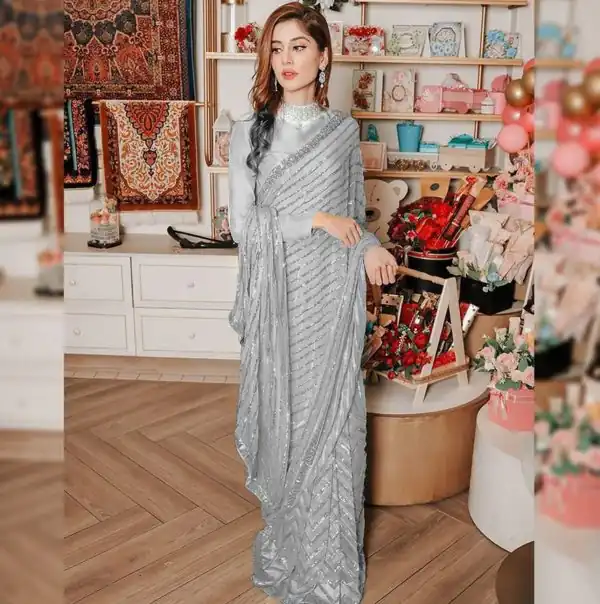 Stylish Grey Color Georgette Multi & Sequins Embroidery Work With Lace Border On Saree