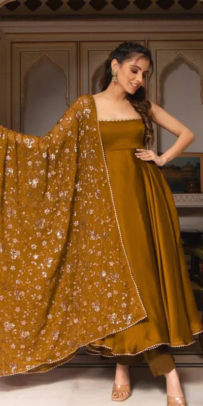 Gorgeous Coffee Heavy Faux Georgette With Fully Flair Salwar Suit