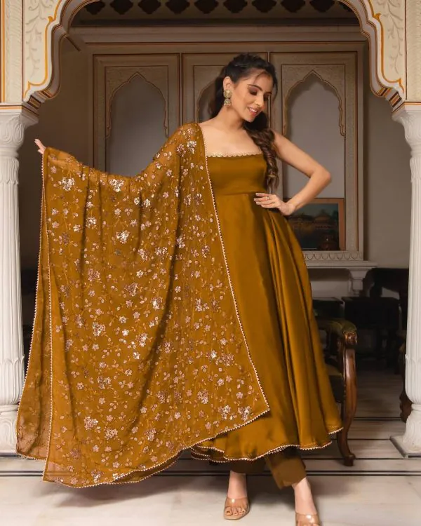 Gorgeous Coffee Heavy Faux Georgette With Fully Flair Salwar Suit