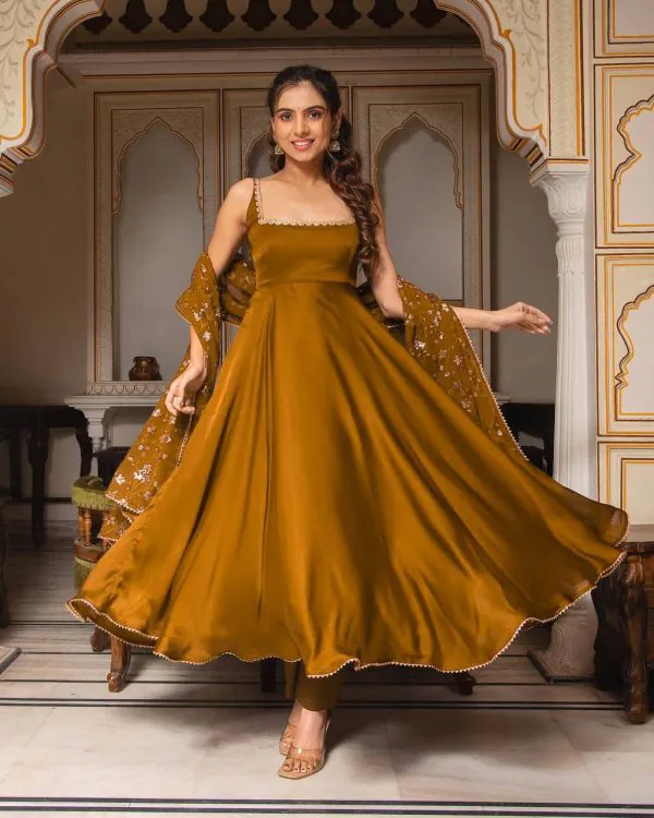 Gorgeous Coffee Heavy Faux Georgette With Fully Flair Salwar Suit