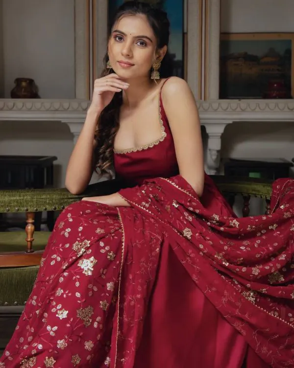 Red Heavy Faux Georgette With Fully Flair Salwar Suit - Image 4