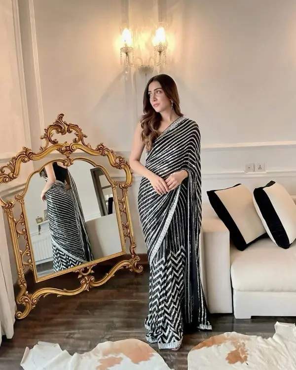 Black Georgette Embroidery Sequence Work Saree - Image 2