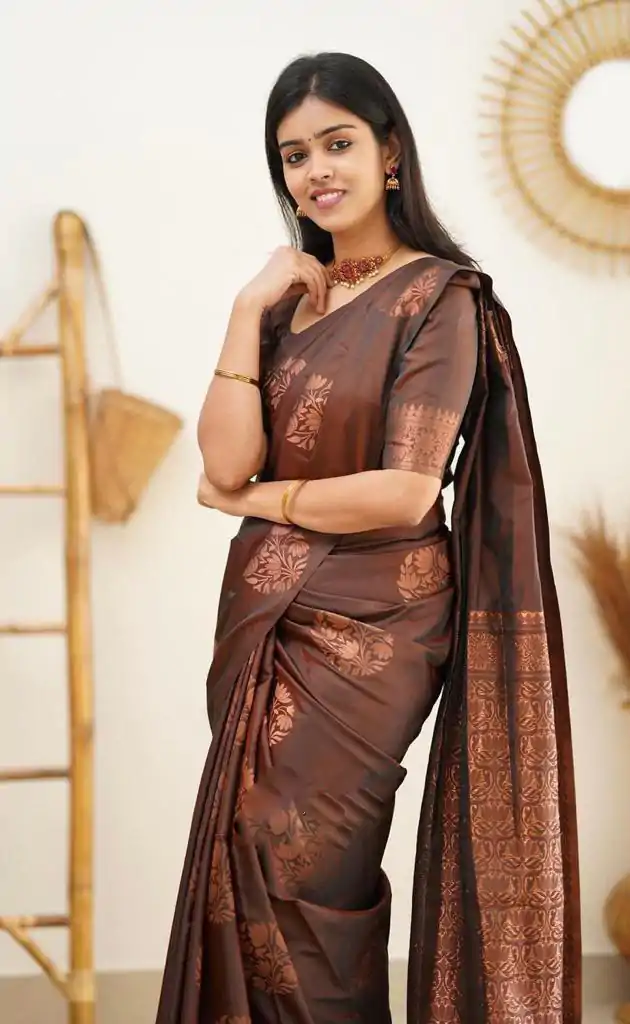 KP 4064 Coffee Color Soft Lichi Silk Jacquard On All Over Saree Casual, Party Wear, Wedding, Events Etc. Expected Delivery 4-6 Working Days @1249/- | Sarees, Bollywood Sarees, Creative Sarees, Designer Sarees, Embroidered Sarees, Ethnic Saree, Modern Digital sarees, Party Wear Sarees