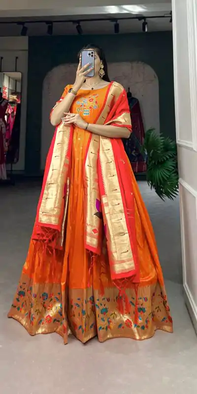 YNF5302 Orange Color Jacquard Silk Paithani Zari Designer Gown Casual, Wedding Festive, Events, Designer Party Wear Expected Delivery 4-6 Working Days @1849 | Gowns, Bollywood Gowns, Creative Gowns, Designer Gowns, Embroidered Gowns, Party Wear Gowns