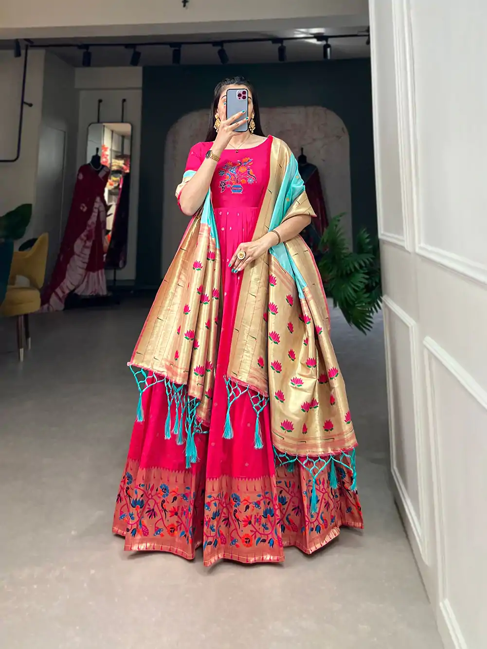 YNF 5302 Pink Color Jacquard Silk Paithani Designer Gown Casual, Wedding, Festive, Events, Designer Party Wear,  Expected Delivery 4-6 Working Days @2549 | Gowns, Bollywood Gowns, Creative Gowns, Designer Gowns, Embroidered Gowns, Party Wear Gowns