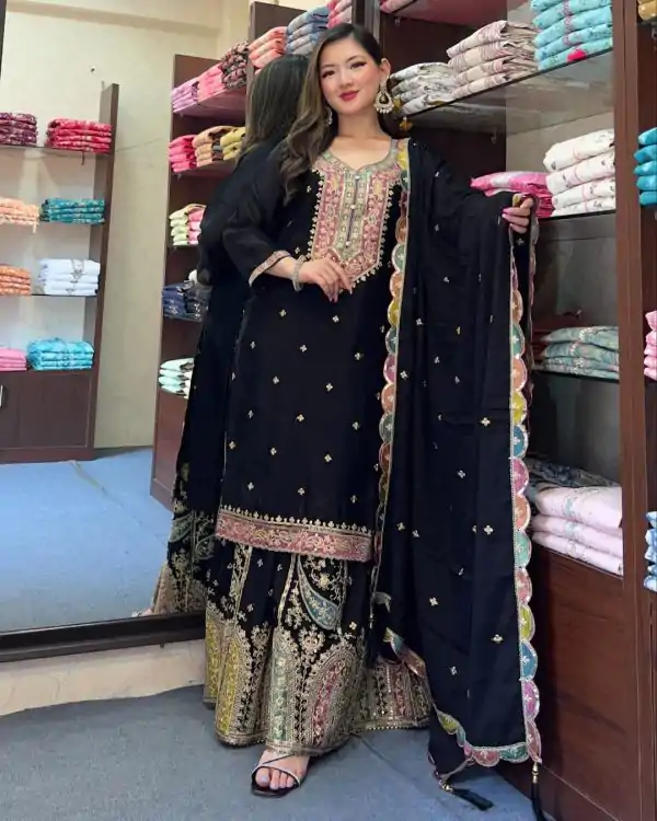 Cute Black Color Chinnon Silk Embroidery Sequence Salwar Suit