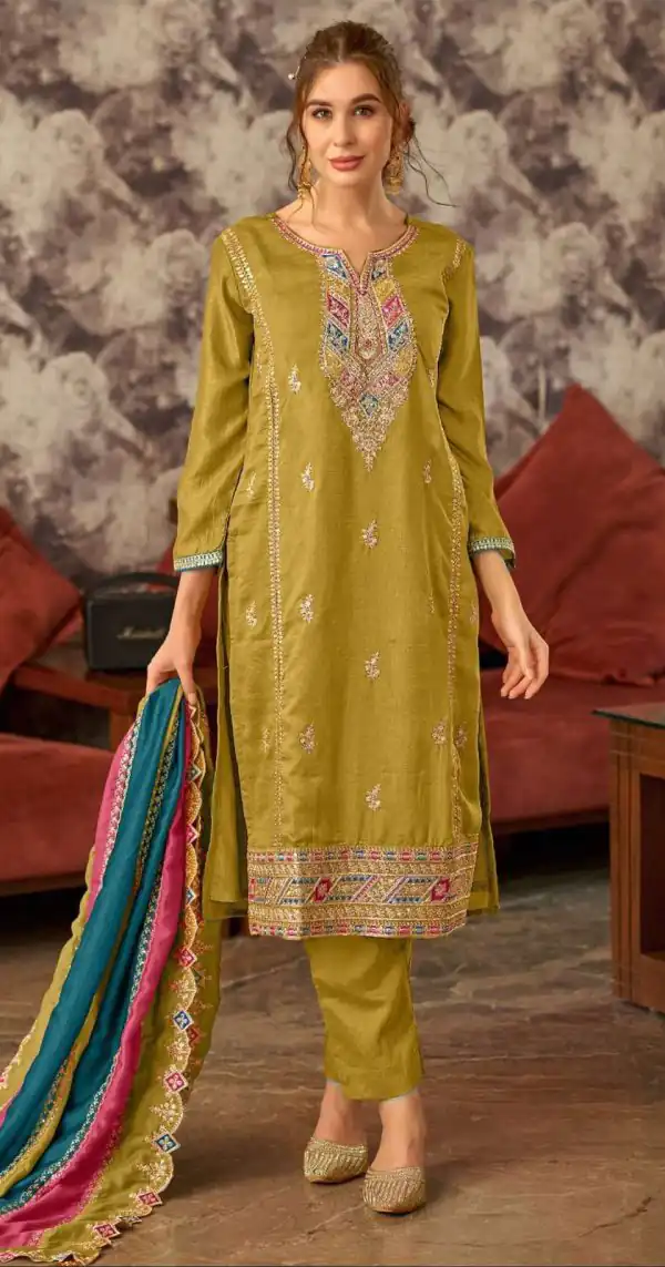 Fancy Mustard Vichitra Embroidery Codding Sequence Salwar Suit