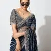 Fancy Navy Blue Color Blooming Vichitra Embroidery Lehenga Saree