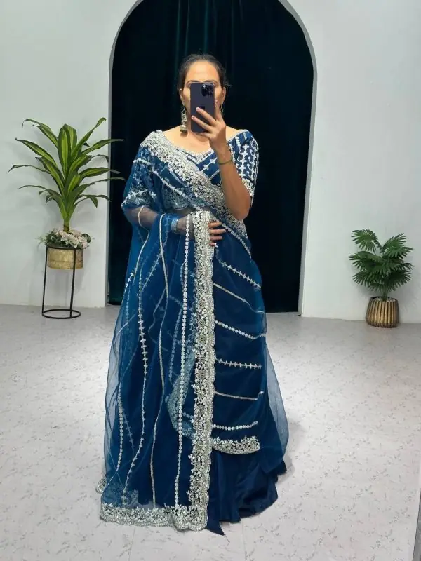 Fancy Royal Blue Color Blooming Vichitra Embroidery Lehenga Saree