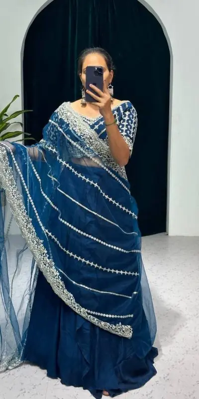 Fancy Royal Blue Color Blooming Vichitra Embroidery Lehenga Saree