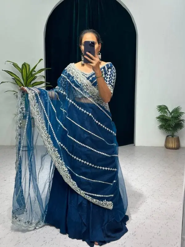 Fancy Royal Blue Color Blooming Vichitra Embroidery Lehenga Saree