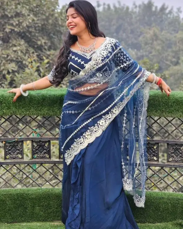 Fancy Royal Blue Color Blooming Vichitra Embroidery Lehenga Saree