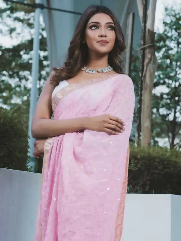 Majestic Baby Pink Color Georgette Embroidery Sequence Saree