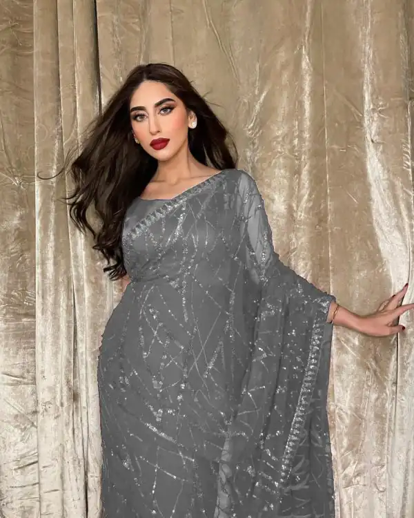 Majestic Grey Color Georgette Embroidery Sequence Piping Saree