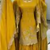 Stylish Yellow Color Chinnon Silk Embroidery Work Sharara Suit
