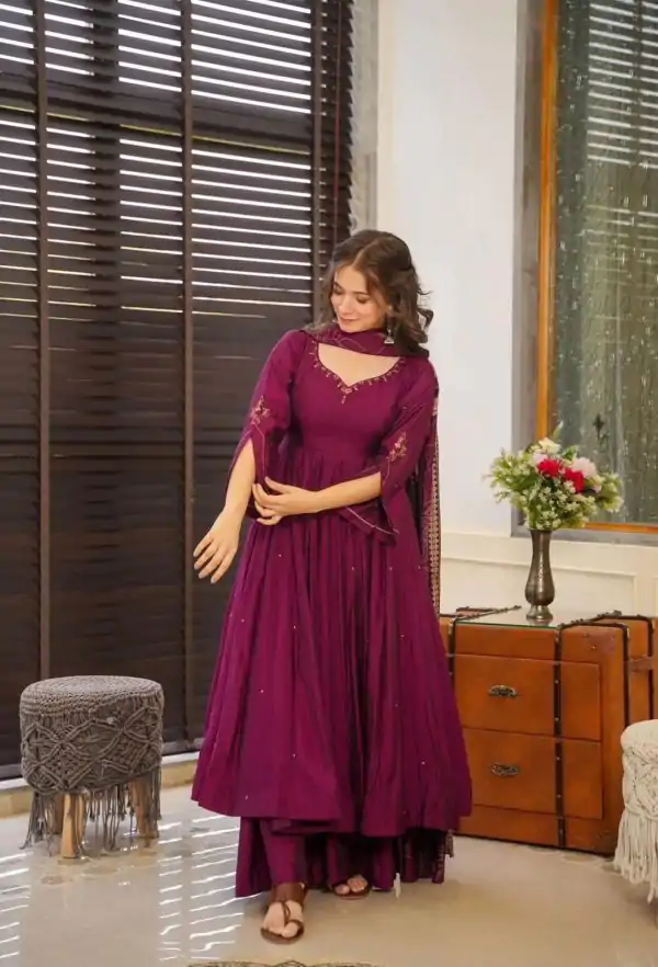 Superb Purple Color Chinnon Silk Embroidery Salwar Suit