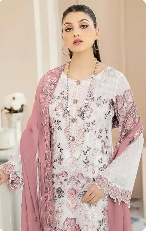Classic White & Peach Color Georgette Embroidery Salwar Suit