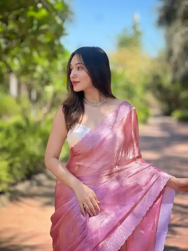 Fancy Onion Color Burberry Silk Diamond Sequins Saree