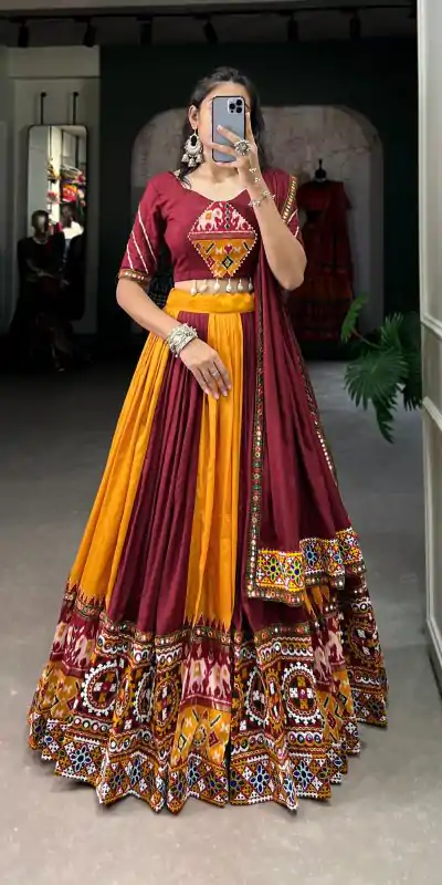 Majestic Mustard Color Rayon Printed Silk Work Lehenga Choli