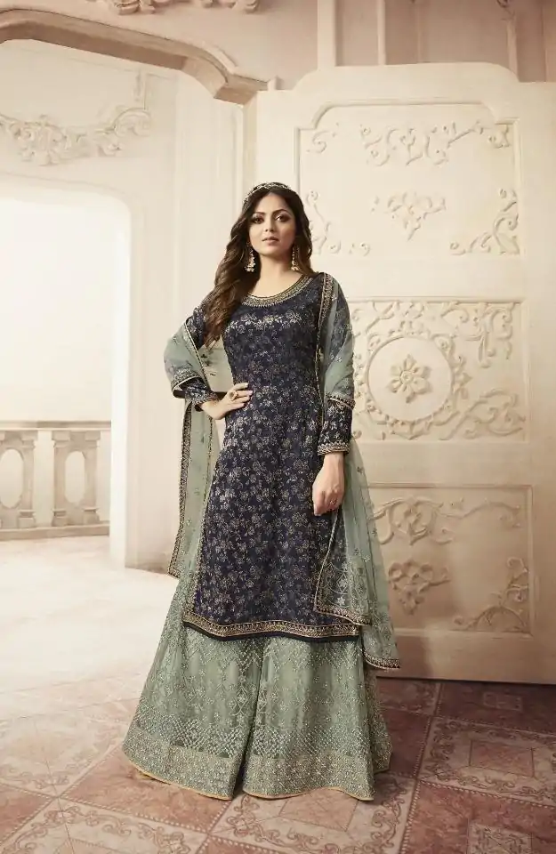 FC L.t 5401 Blue Color Jacquard Silk Georgette Diamond Sharara Suit Wedding, Party, Festive Expected Delivery 4-6 Working Days  @2999/- | Jump Suits, Salwar suit, Casual Suits, Creative suits, Designer Suits, Palazzo Suits, Party Wear Suits, Patiala Suits, Straight Suits
