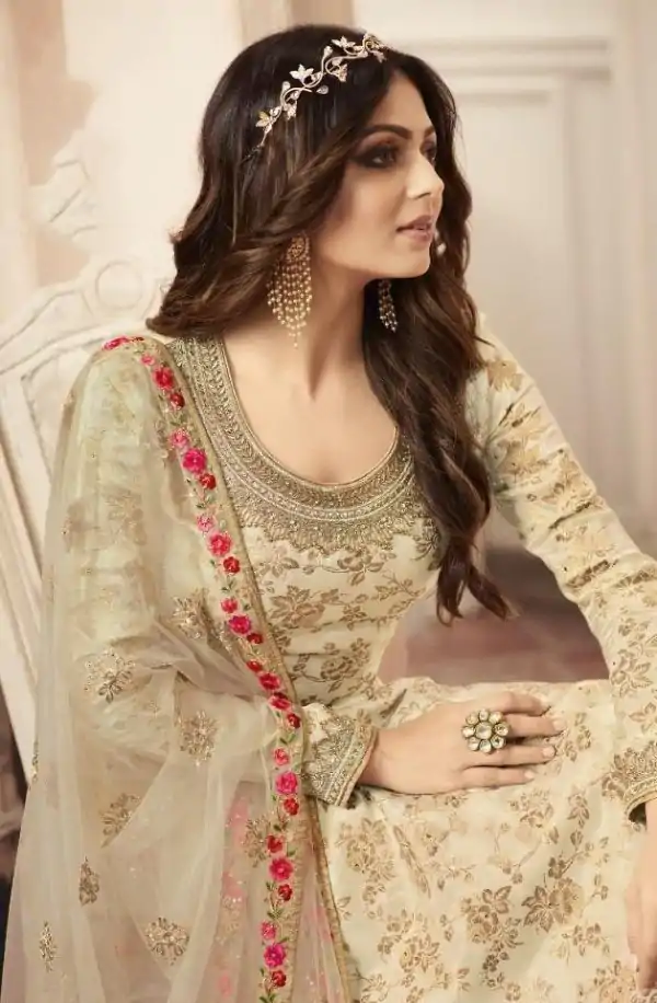 Special Cream Color Jacquard Silk Georgette Diamond Sharara Suit