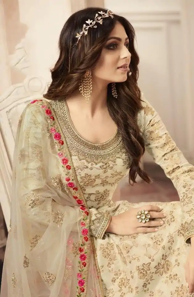 FC L.t 5404 Cream Color Jacquard Silk Georgette Diamond Sharara Suit Wedding, Party, Festive Expected Delivery 4-6 Working Days  @2999/- | Jump Suits, Salwar suit, Casual Suits, Creative suits, Designer Suits, Palazzo Suits, Party Wear Suits, Patiala Suits, Straight Suits