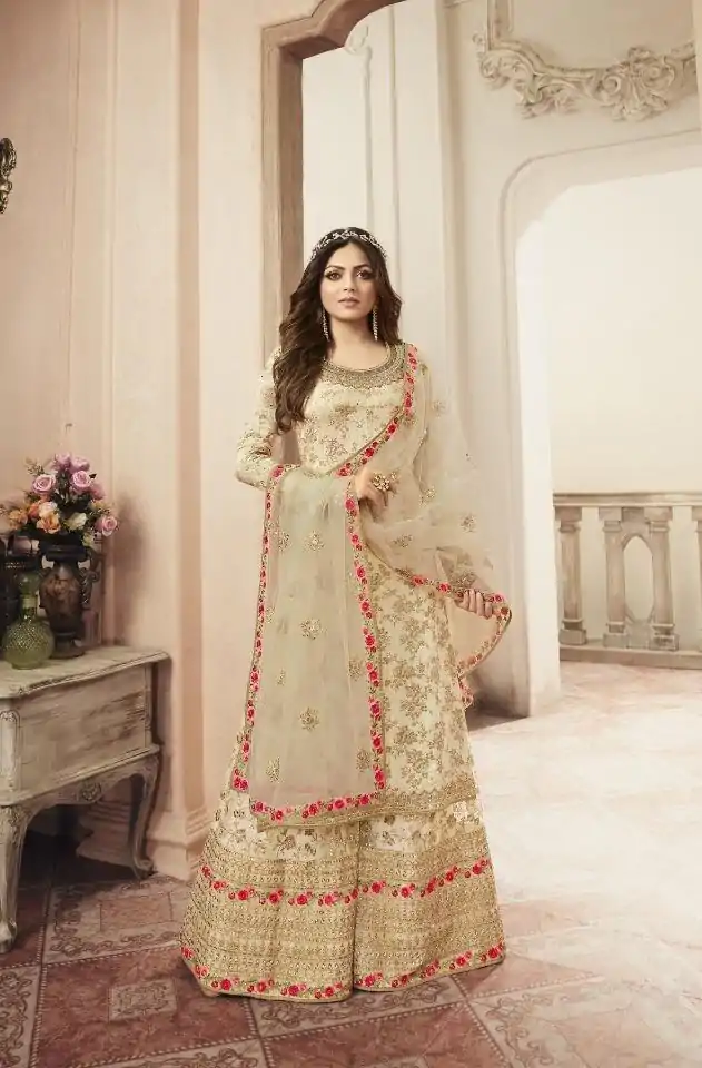 FC L.t 5404 Cream Color Jacquard Silk Georgette Diamond Sharara Suit Wedding, Party, Festive Expected Delivery 4-6 Working Days  @2999/- | Jump Suits, Salwar suit, Casual Suits, Creative suits, Designer Suits, Palazzo Suits, Party Wear Suits, Patiala Suits, Straight Suits