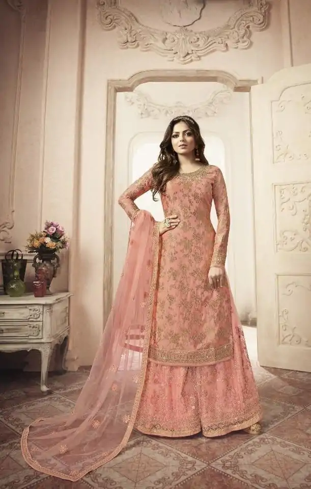 FC L.t 5402 Peach Color Jacquard Silk Georgette Diamond Sharara Suit Wedding, Party, Festive Expected Delivery 4-6 Working Days  @2999/- | Jump Suits, Salwar suit, Casual Suits, Creative suits, Designer Suits, Palazzo Suits, Party Wear Suits, Patiala Suits, Straight Suits