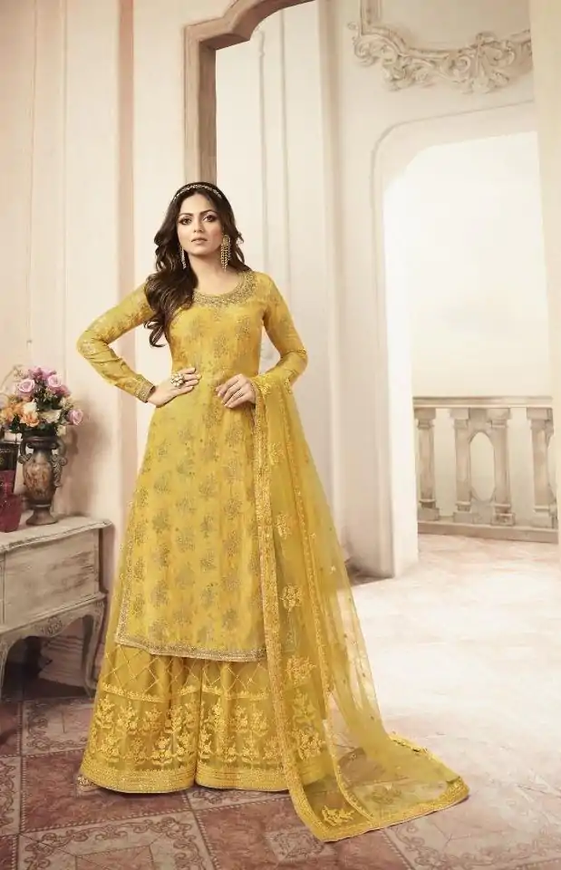 FC L.t 5405 Yellow Color Jacquard Silk Georgette Diamond Sharara Suit Wedding, Party, Festive Expected Delivery 4-6 Working Days  @2999/- | Jump Suits, Salwar suit, Casual Suits, Creative suits, Designer Suits, Palazzo Suits, Party Wear Suits, Patiala Suits, Straight Suits