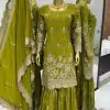 Stylish Green Color Chinnon Silk Embroidery Work Sharara Suit
