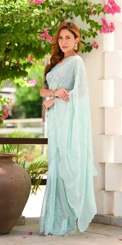 Stylish Light Blue Color Georgette Sequence Work Saree