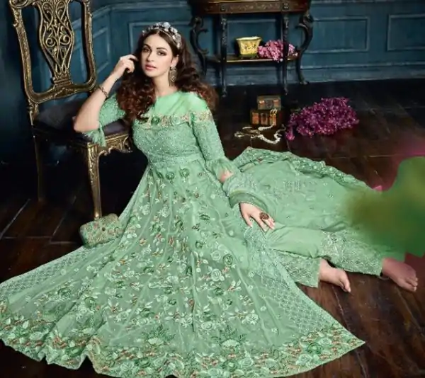 Superb Pista Green Color Net With Embroidery Stone Salwar Suit