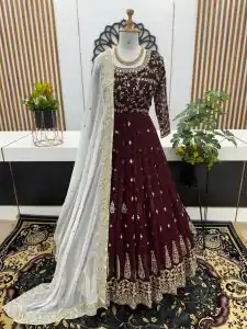 Aglow Maroon Color Georgette Embroidery Sequence Gown