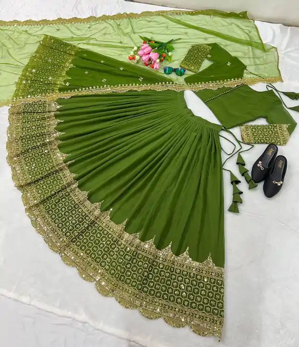 Fancy Green Color Georgette Embroidery Lehenga Choli