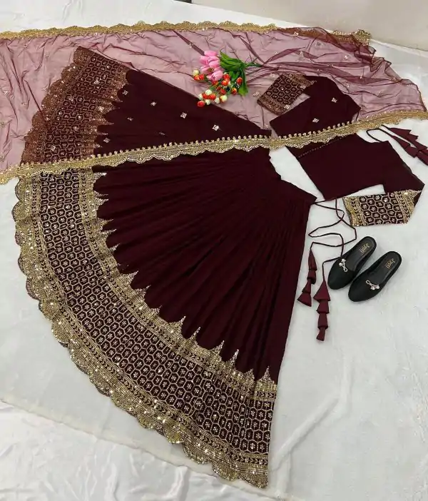 Fancy Maroon Color Georgette Embroidery Lehenga Choli