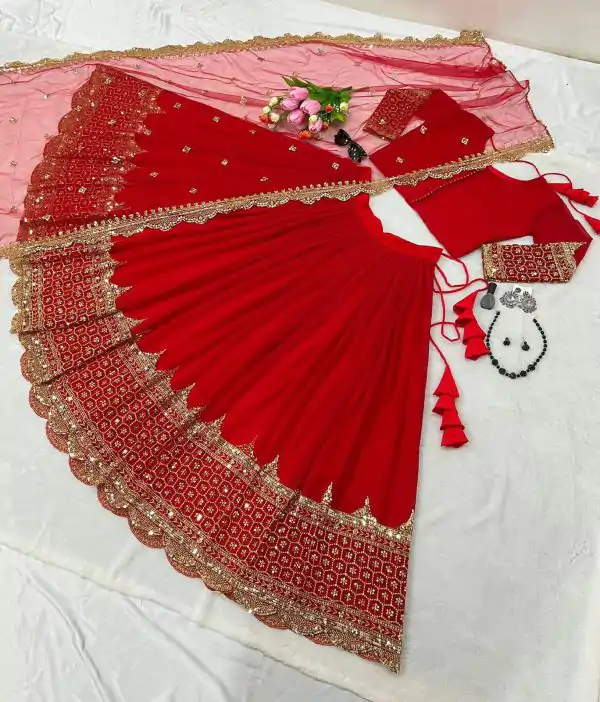 Fancy Red Color Georgette Embroidery Lehenga Choli