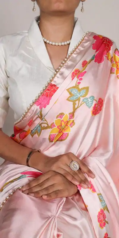 YNF 7028 Peach Color Satin Silk Floral Printed Lace Border Work Saree Casual Party Wear, Wedding, Events Etc. Expected Delivery 4-6 Working Days @1599/- | Sarees, Bollywood Sarees, Creative Sarees, Designer Sarees, Embroidered Sarees, Ethnic Saree, Modern Digital sarees, Party Wear Sarees
