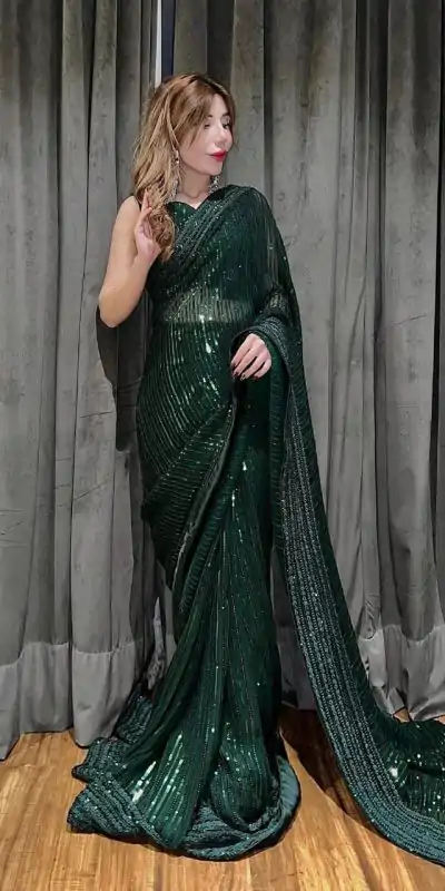 Attractive Green Sequin Georgette With Embroidery Work Saree