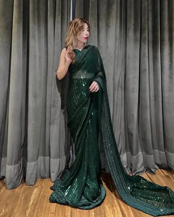 Attractive Green Sequin Georgette With Embroidery Work Saree
