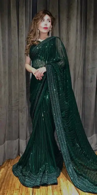 Attractive Green Sequin Georgette With Embroidery Work Saree
