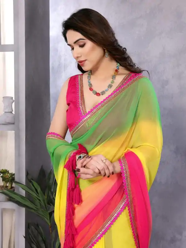 Attractive In Green Pink Color Faux Peding Georgette Party Wear Saree