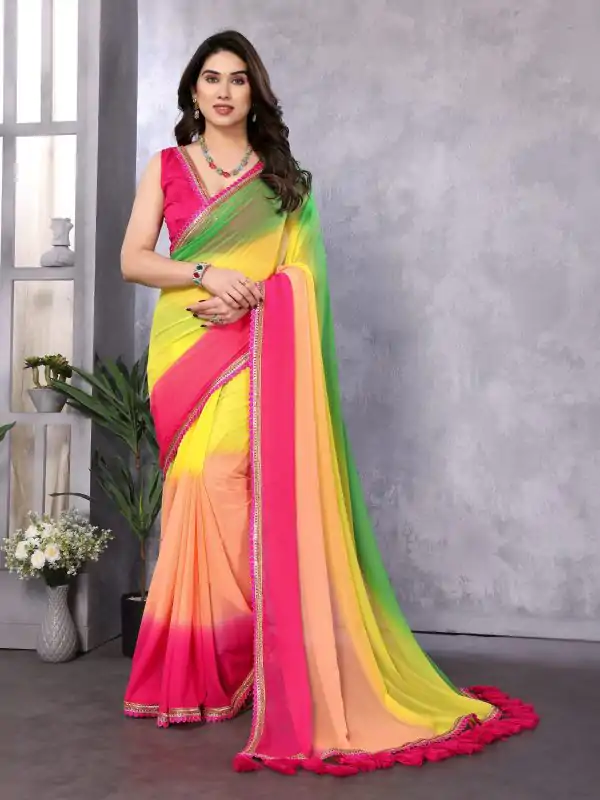 Attractive In Green Pink Color Faux Peding Georgette Party Wear Saree