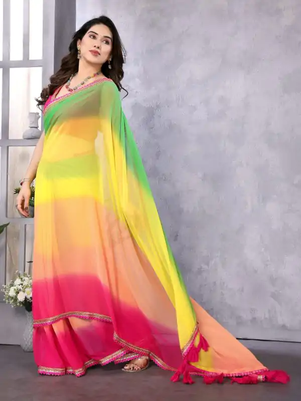 Attractive In Green Pink Color Faux Peding Georgette Party Wear Saree