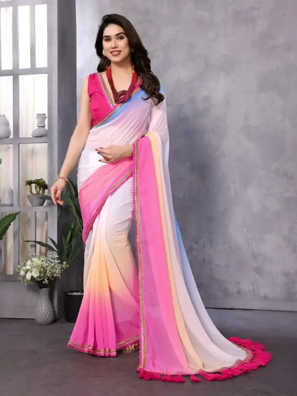 Attractive In Sky Pink Color Faux Peding Georgette Party Wear Saree